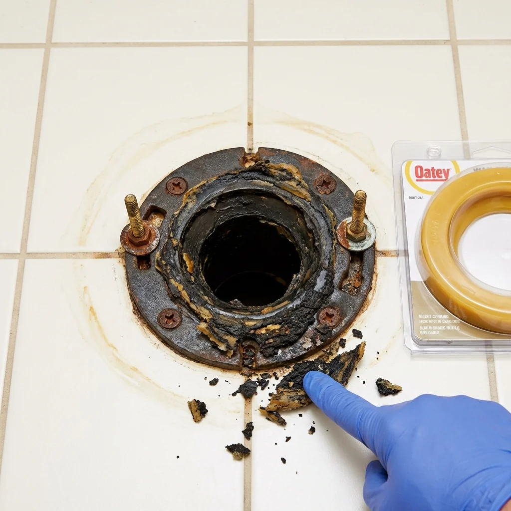 Failed wax ring showing water seepage at the base of a toilet in a Islamorada, FL home